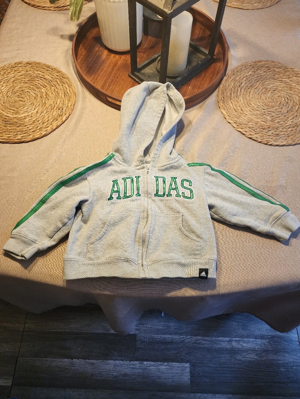 adidas Grey Hoodie with Green Stripe & Logo